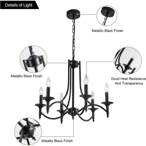 Black Farmhouse Chandelier Iron Chandeliers for Dining Room Light Fixture 6-Ligh - Picture 5 of 8